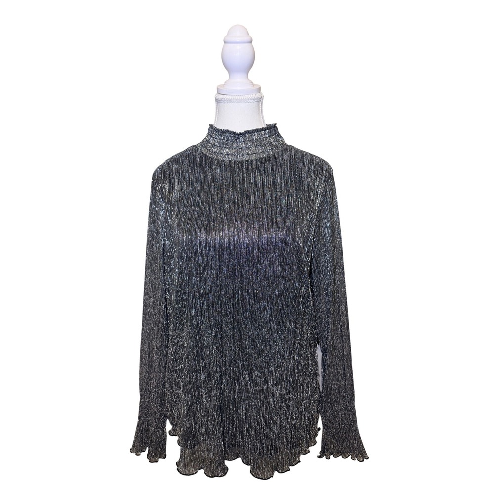 Silver Metallic Shimmer Top Mock Neck Party Holiday L